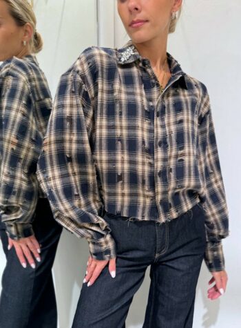 Shop Online Camicia check blu e nocciola corta con cabochon Vicolo