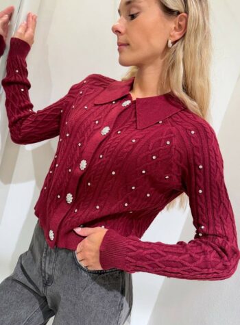 Shop Online Cardigan polo bordeaux con trecce e bottoni gioiello HaveOne