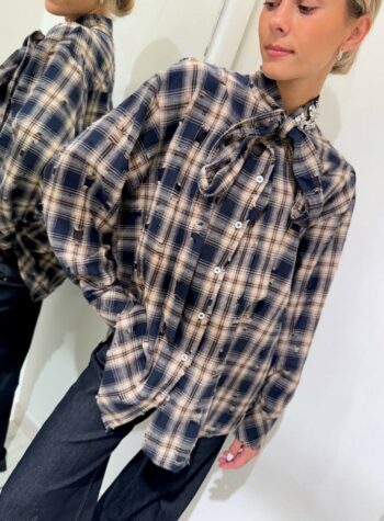 Shop Online Camicia check blu e nocciola con fiocco e cabochon Vicolo