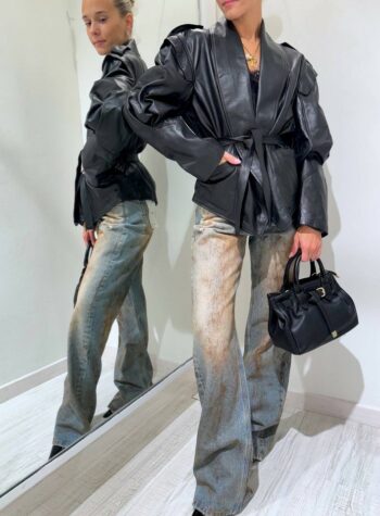 Shop Online Giacca nera in vera pelle con cintura Vicolo