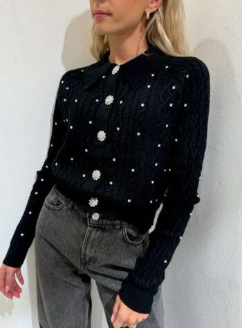 Shop Online Cardigan polo nero con trecce e bottoni gioiello HaveOne