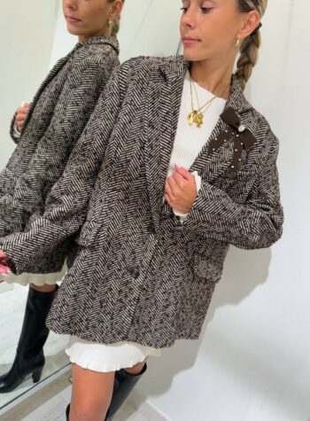 Shop Online Blazer spigato in tweed moro con spilla kontatto