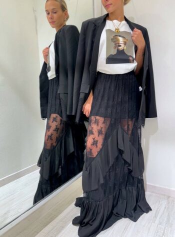 Shop Online Gonna lunga in pizzo nero con rouches HaveOne