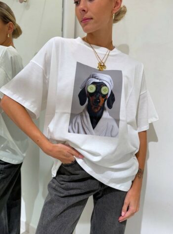 Shop Online T-shirt oversize bianca stampa bassotto cetrioli Vicolo