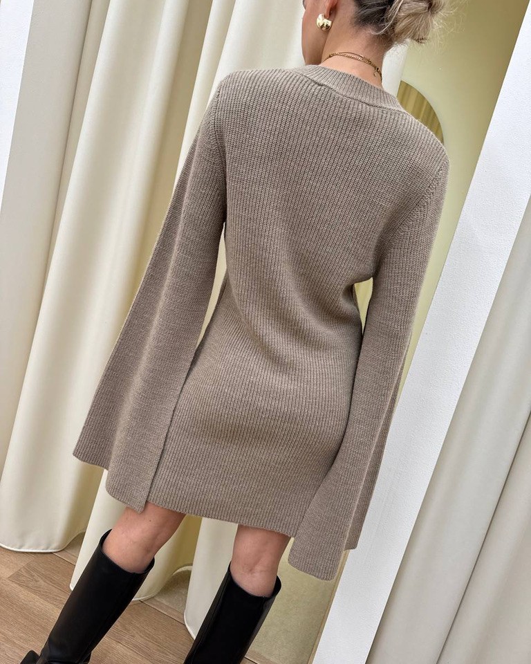 Vestito corto in maglia beige manica aperta HaveOne Shop Online Vestito corto in maglia beige manica aperta HaveOne