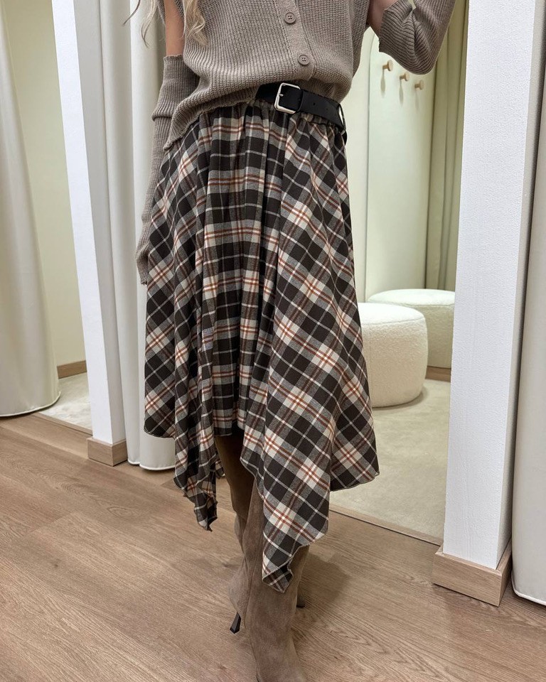 Longuette asimmetrica check marrone con cintura HaveOne Shop Online Longuette asimmetrica check marrone con cintura HaveOne
