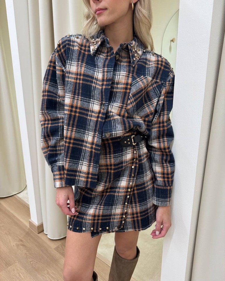 Camicia ampia check blu e arancione con borchie Vicolo Shop Online Camicia ampia check blu e arancione con borchie Vicolo