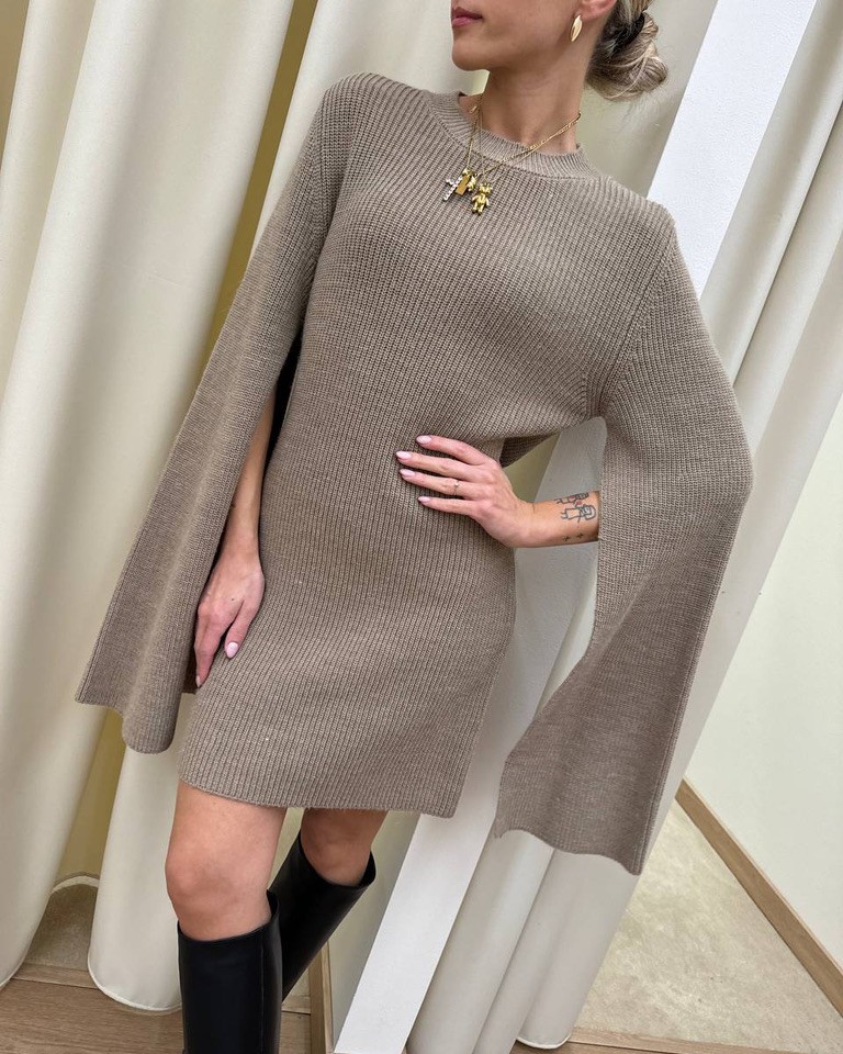 Vestito corto in maglia beige manica aperta HaveOne Shop Online Vestito corto in maglia beige manica aperta HaveOne