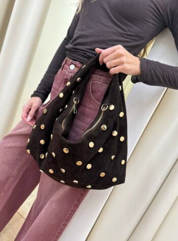 Borsa luna in camoscio moro con borchie Shop Online Borsa luna in camoscio moro con borchie