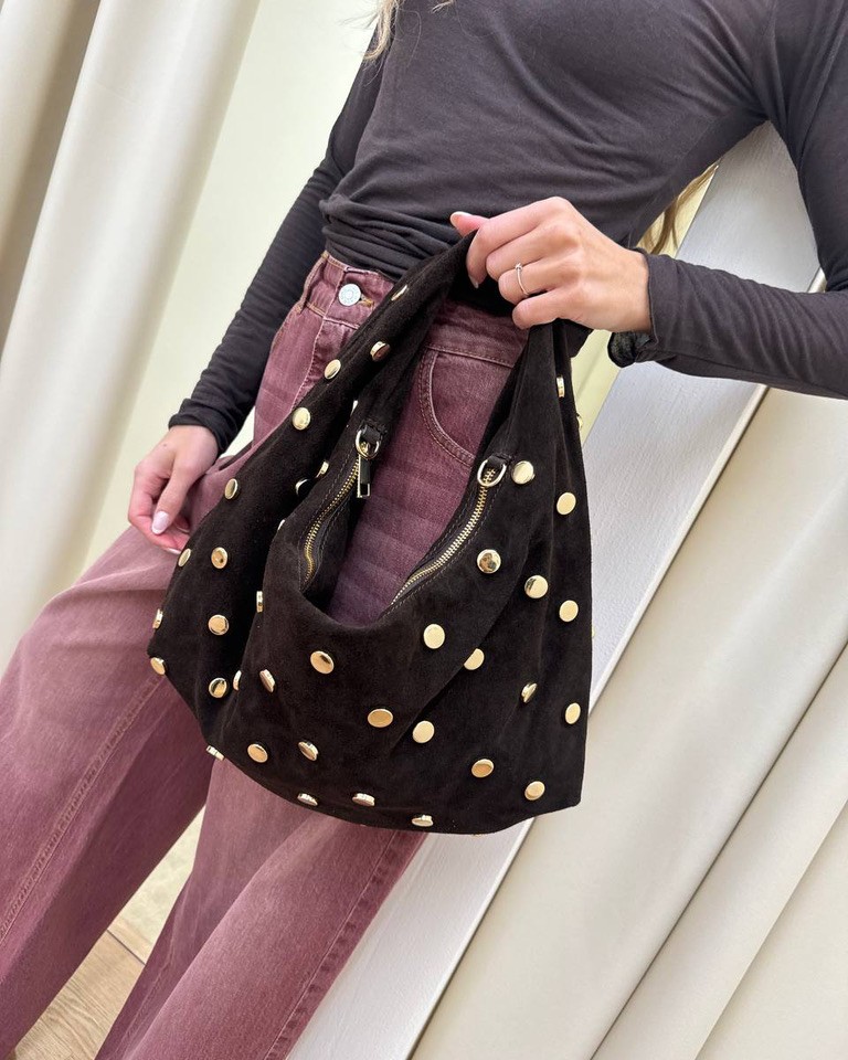 Borsa luna in camoscio moro con borchie Shop Online Borsa luna in camoscio moro con borchie