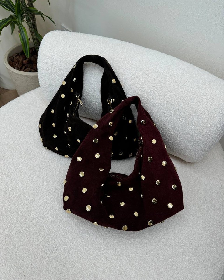 Borsa luna bordeaux in camoscio con borchie Shop Online Borsa luna bordeaux in camoscio con borchie