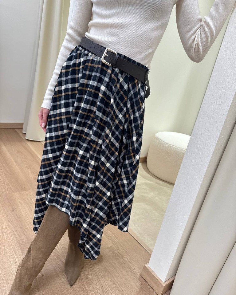 Longuette asimmetrica check blu con cintura HaveOne Shop Online Longuette asimmetrica check blu con cintura HaveOne