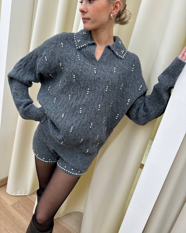 Completo Nibbiola in maglia short e maglione grigio con strass Odì Odì Shop Online Completo Nibbiola in maglia short e maglione grigio con strass Odì Odì