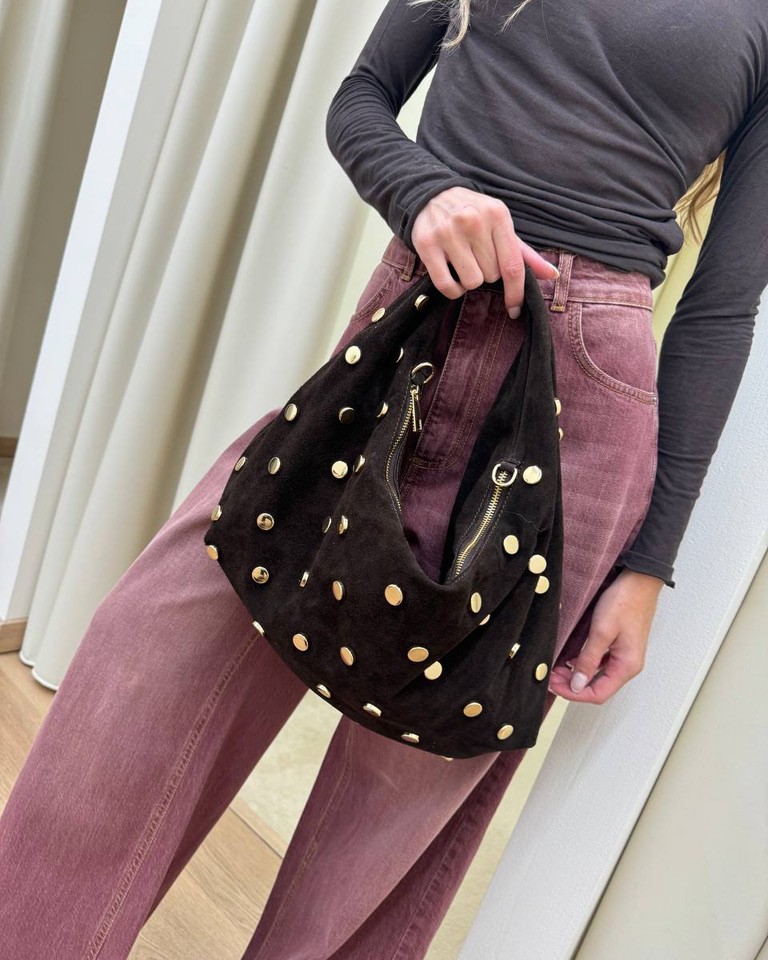 Borsa luna in camoscio moro con borchie Shop Online Borsa luna in camoscio moro con borchie