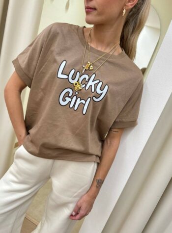 Shop Online T-shirt crop ampia nocciola con stampa Leosmile