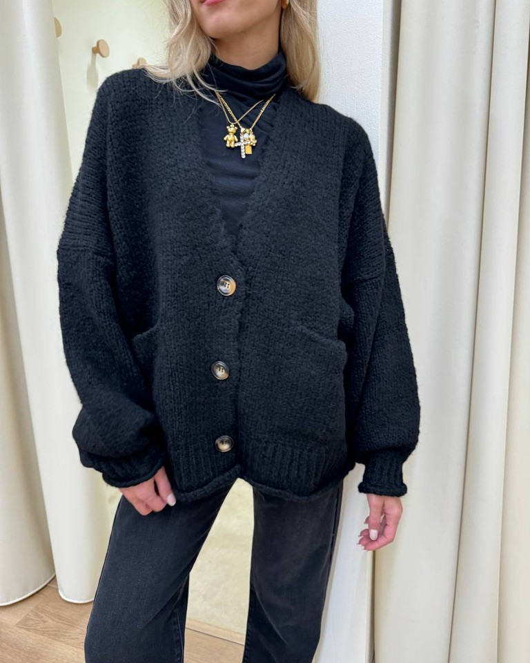 Cardigan oversize in maglia inglese nero Vicolo Shop Online Cardigan oversize in maglia inglese nero Vicolo
