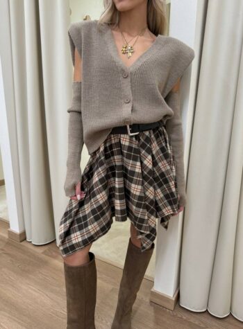 Minigonna asimmetrica check marrone con cintura HaveOne Shop Online Minigonna asimmetrica check marrone con cintura HaveOne