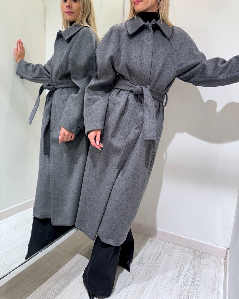 Cappotto grigio lungo con fusciacca Kontatto Shop Online Cappotto grigio lungo con fusciacca Kontatto
