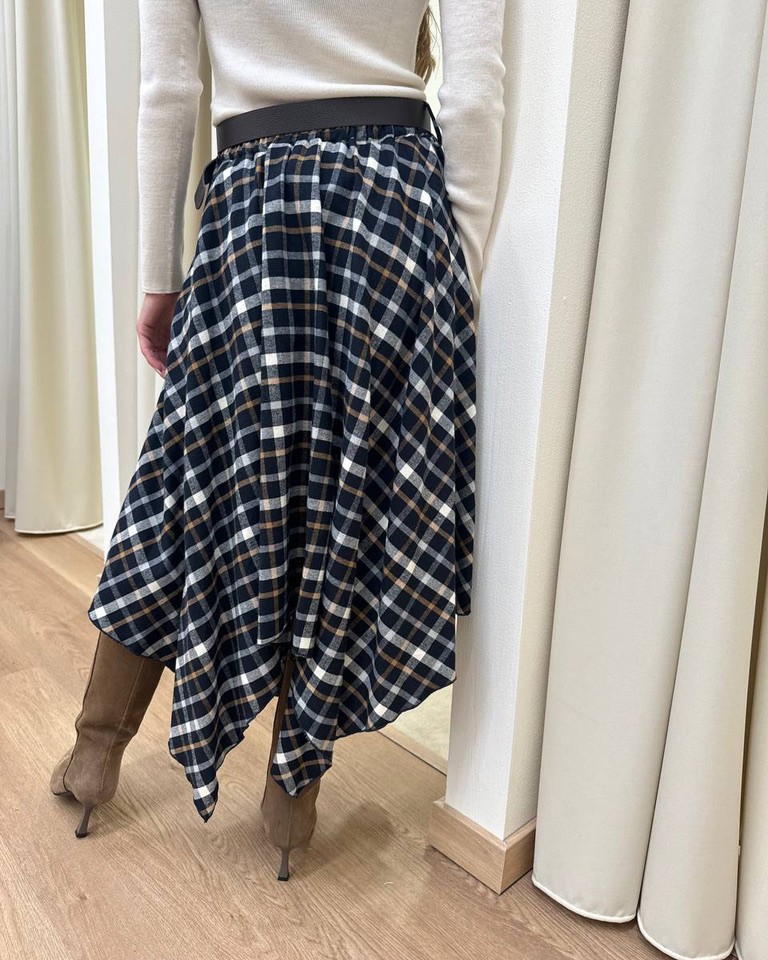 Longuette asimmetrica check blu con cintura HaveOne Shop Online Longuette asimmetrica check blu con cintura HaveOne