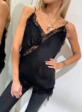 Shop Online Top satin nero con pizzo Susy Mix