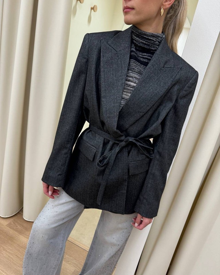 Blazer grigio spigato con cintura AnnaRita N Shop Online Blazer grigio spigato con cintura AnnaRita N