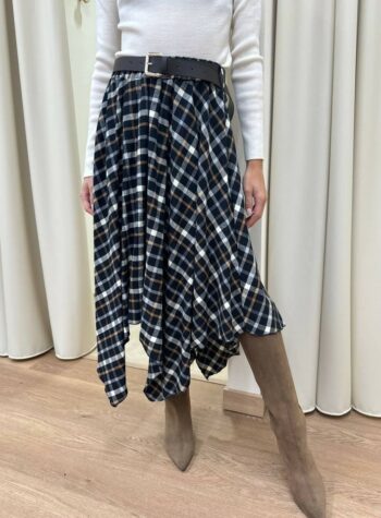 Longuette asimmetrica check blu con cintura HaveOne Shop Online Longuette asimmetrica check blu con cintura HaveOne