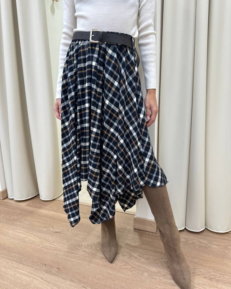 Longuette asimmetrica check blu con cintura HaveOne Shop Online Longuette asimmetrica check blu con cintura HaveOne