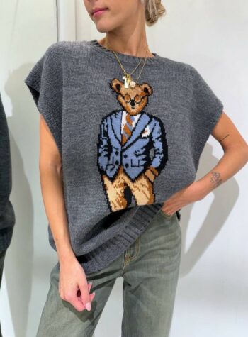 Shop Online Gilet oversize grigio con orso HaveOne