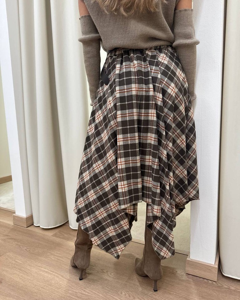 Longuette asimmetrica check marrone con cintura HaveOne Shop Online Longuette asimmetrica check marrone con cintura HaveOne