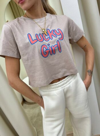 Shop Online T-shirt crop tortora con stampa Leosmile