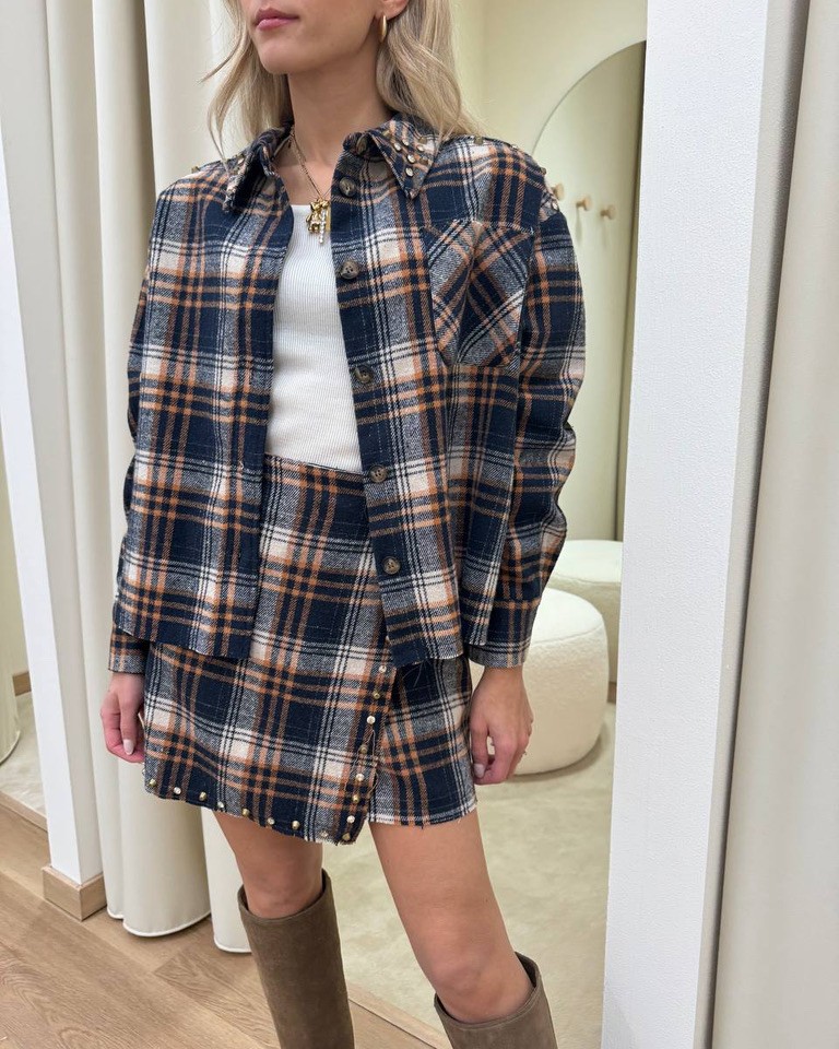 Camicia ampia check blu e arancione con borchie Vicolo Shop Online Camicia ampia check blu e arancione con borchie Vicolo