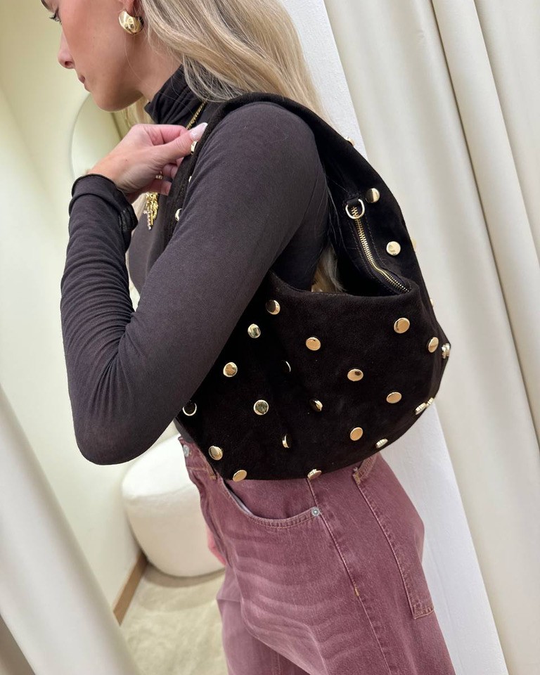 Borsa luna in camoscio moro con borchie Shop Online Borsa luna in camoscio moro con borchie