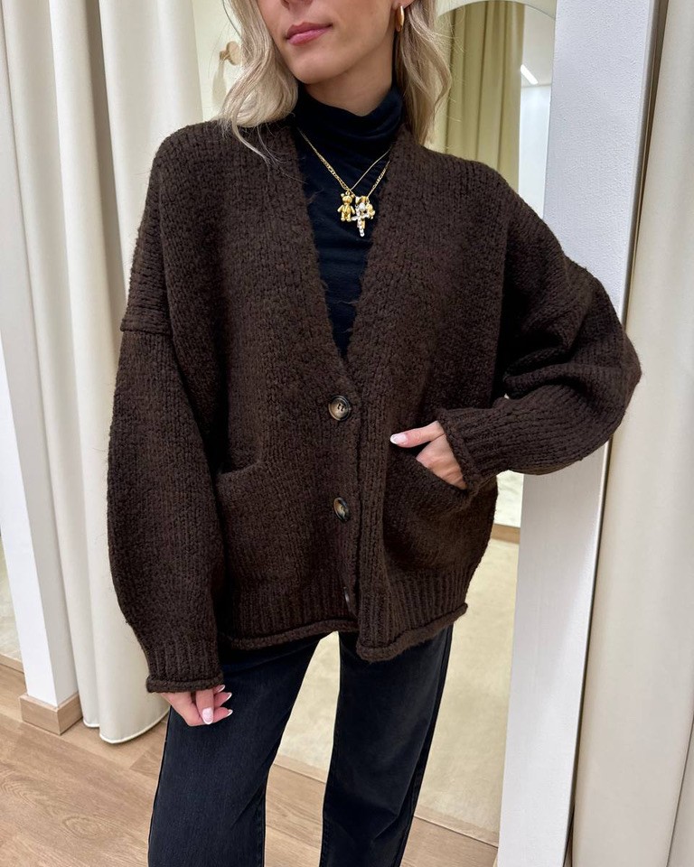 Cardigan oversize in maglia inglese moro Vicolo Shop Online Cardigan oversize in maglia inglese moro Vicolo