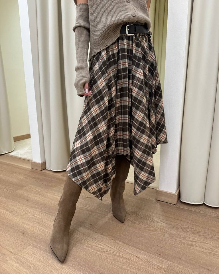 Longuette asimmetrica check marrone con cintura HaveOne Shop Online Longuette asimmetrica check marrone con cintura HaveOne