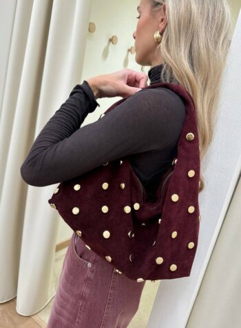 Borsa luna bordeaux in camoscio con borchie Shop Online Borsa luna bordeaux in camoscio con borchie