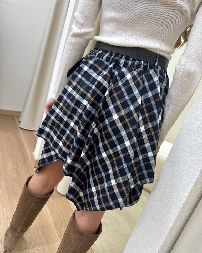 Minigonna asimmetrica check blu con cintura HaveOne Shop Online Minigonna asimmetrica check blu con cintura HaveOne