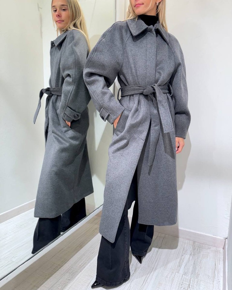 Cappotto grigio lungo con fusciacca Kontatto Shop Online Cappotto grigio lungo con fusciacca Kontatto