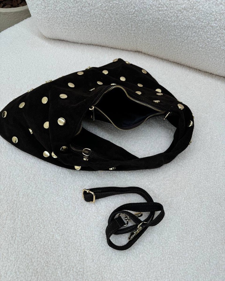 Borsa luna in camoscio moro con borchie Shop Online Borsa luna in camoscio moro con borchie