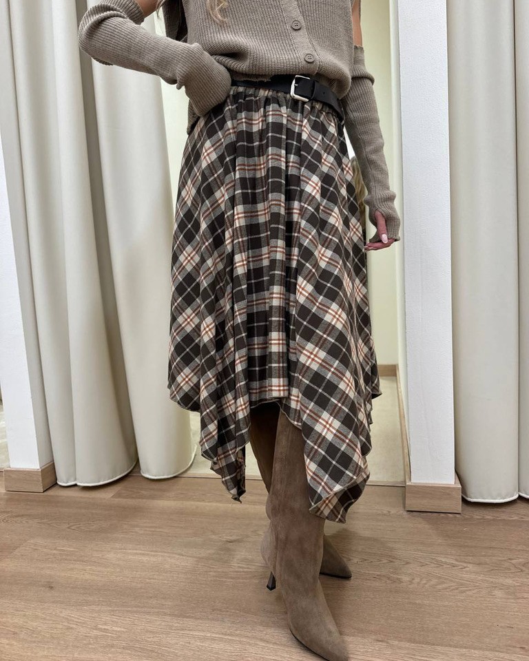 Longuette asimmetrica check marrone con cintura HaveOne Shop Online Longuette asimmetrica check marrone con cintura HaveOne