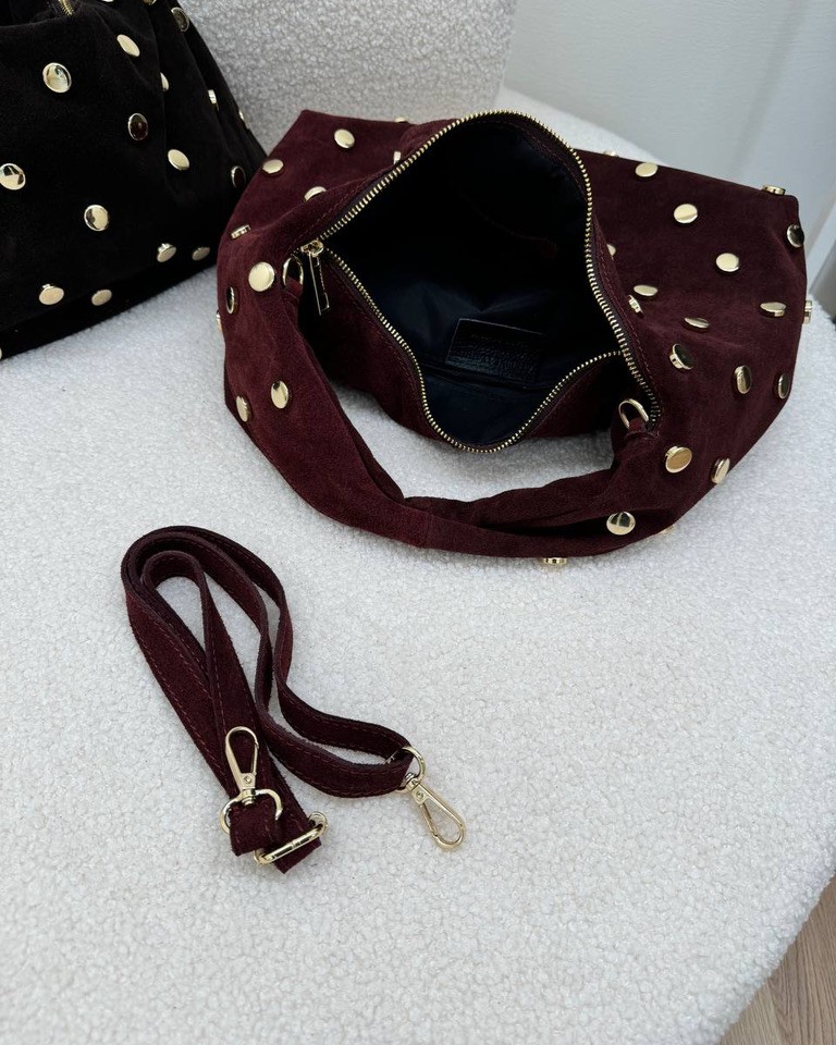 Borsa luna bordeaux in camoscio con borchie Shop Online Borsa luna bordeaux in camoscio con borchie
