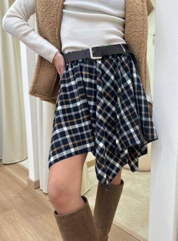 Minigonna asimmetrica check blu con cintura HaveOne Shop Online Minigonna asimmetrica check blu con cintura HaveOne