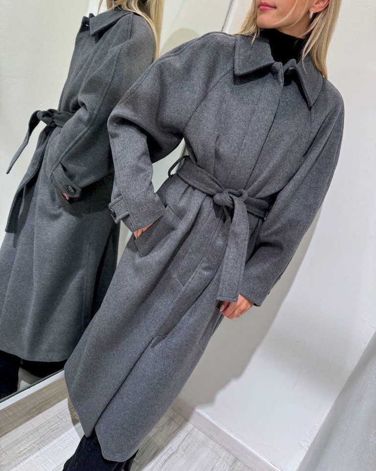 Cappotto grigio lungo con fusciacca Kontatto Shop Online Cappotto grigio lungo con fusciacca Kontatto