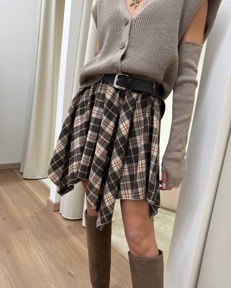 Minigonna asimmetrica check marrone con cintura HaveOne Shop Online Minigonna asimmetrica check marrone con cintura HaveOne