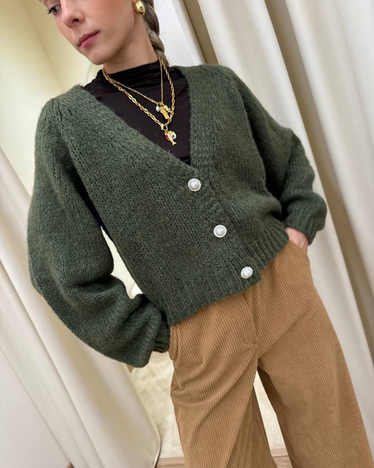 Cardigan verde militare bottoni gioiello HaveOne Shop Online Cardigan verde militare bottoni gioiello HaveOne