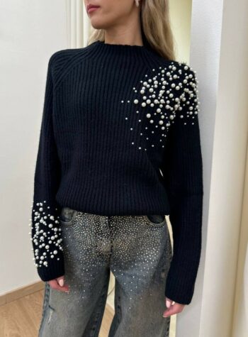 Shop Online Maglione collo a cratere con perle nero HaveOne