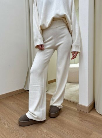 Shop Online Pantalone dritto in maglia avorio con micro paillettes Kontatto