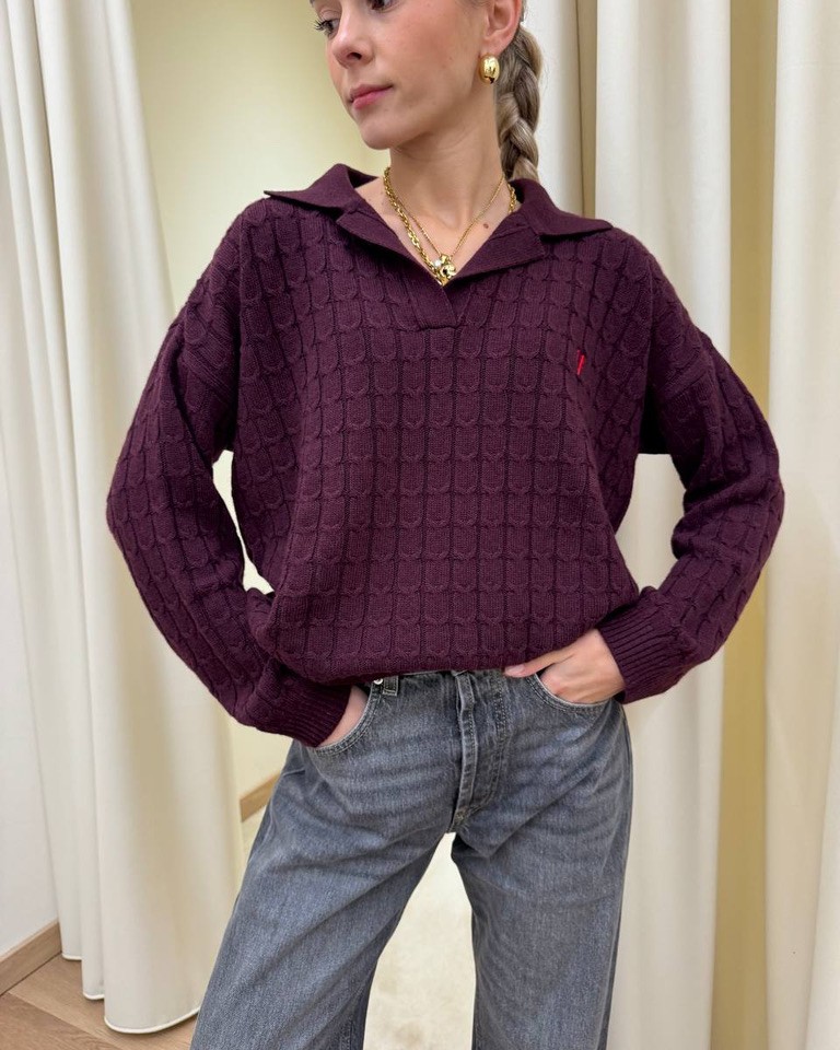 Maglia ampia trecce bordeaux con colletto e ricamo Vicolo Shop Online Maglia ampia trecce bordeaux con colletto e ricamo Vicolo