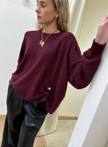 Shop Online Maglia ampia girocollo bordeaux con perla Vicolo