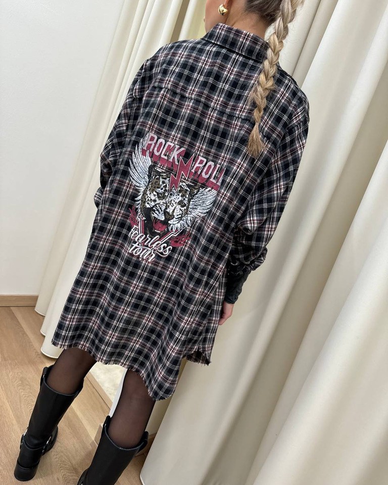 Camicia ampia check grigia con stampa Vicolo Shop Online Camicia ampia check grigia con stampa Vicolo