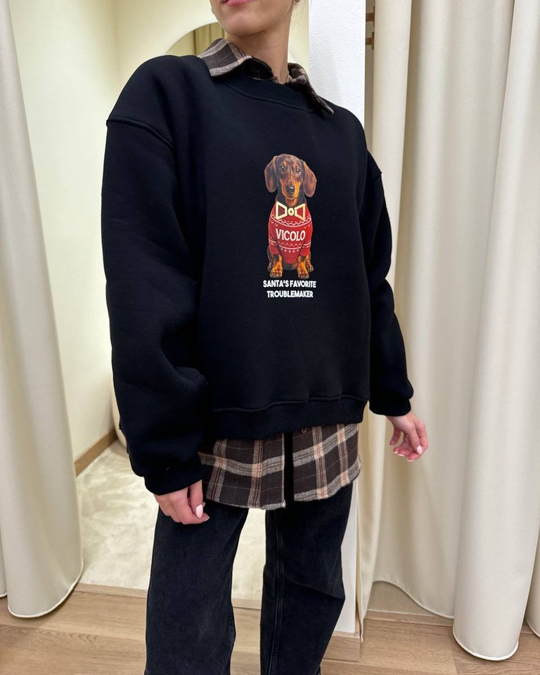 Felpa oversize nera stampa bassotto Natale Vicolo Shop Online Felpa oversize nera stampa bassotto Natale Vicolo